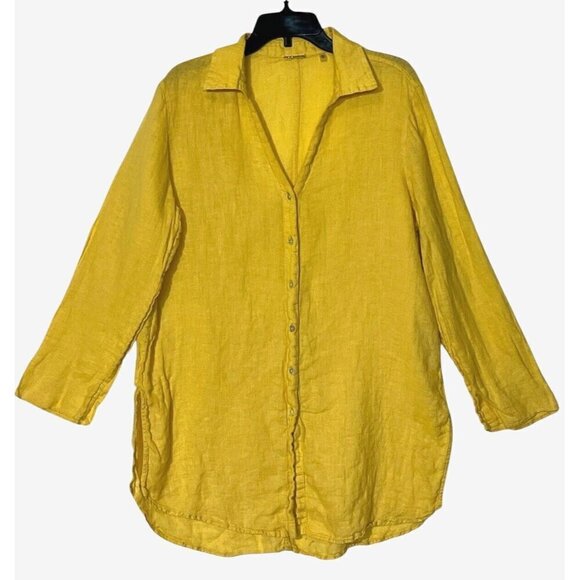 Elie Tahari Yellow 100% Linen Gauze Button Lagenlook Long Shirt Tunic Top - Picture 1 of 7